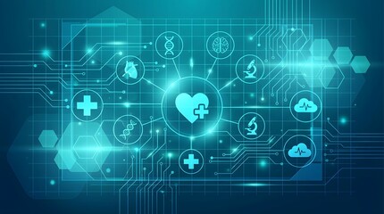 Fototapeta premium Futuristic digital interface showcasing interconnected medical and scientific icons symbolizing healthcare technology and research