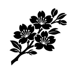 Obraz premium Black silhouette of a blooming cherry blossom branch with flowers and leaves on white background