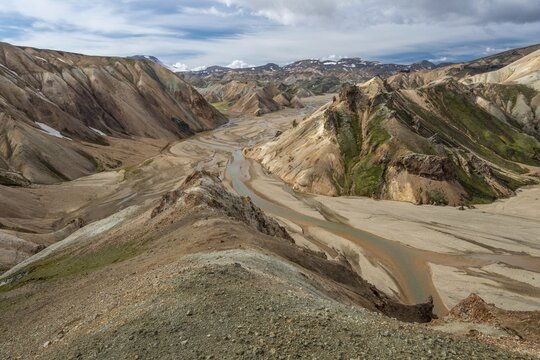 Colored rhyolite mountains, river J&ouml;kulgilskv&iacute;sl, J&ouml;kulgil Landmannalaugar, Fjallabak, Icelandic highlands, Iceland