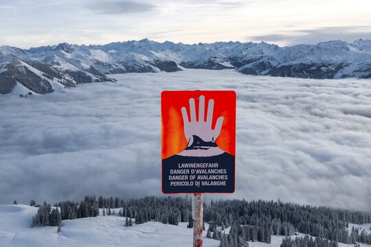 Avalanche danger sign in a skiing area, Brixen im Thale, Tyrol, Austria