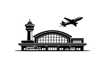 Obraz premium Airport terminal building with control tower and plane taking off