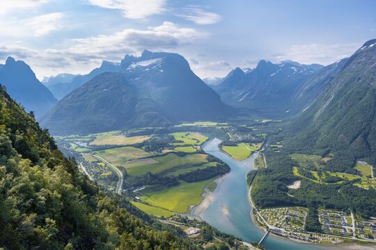 View from Rampestreken viewing platform, Romsdalseggen hike, Rauma River, Romsdalfjellene Mountains, Andalsnes, M&oslash;re og Romsdal, Norway