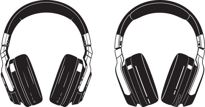 Two pairs of over-ear headphones, music listening devices, vector illustration in black and white, line art, consumer electronics, stereo system