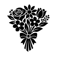 Fototapeta premium Black silhouette bouquet of flowers with bow on white background for valentines day or wedding