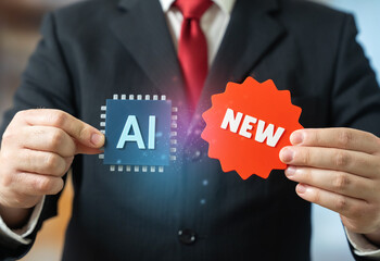 A businessman presents a new AI tool showing improved technology. Artificial intelligence innovation boosts efficiency. Business automation, solutions, and digital transformation enhance productivity