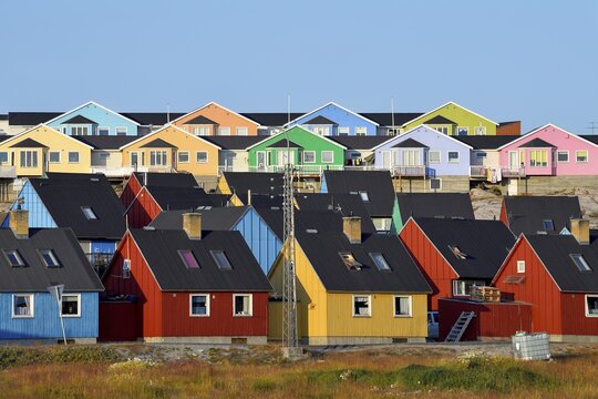 Colourful wooden houses, Disko Bay, Ilulissat, West Greenland, Greenland