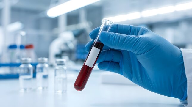 A blue gloved hand holds a test tube filled with a red blood sample in a brightly lit laboratory environment