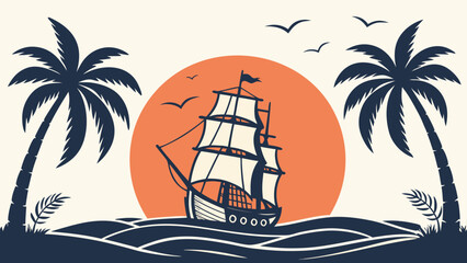 Vintage Sailing Ship Sunset Sea Flat Vector © MdSzzad
