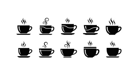 Obraz premium Minimalist black coffee cup icons with diverse steam styles and saucer designs for professional cafe branding and restaurant menu layout elements collection set