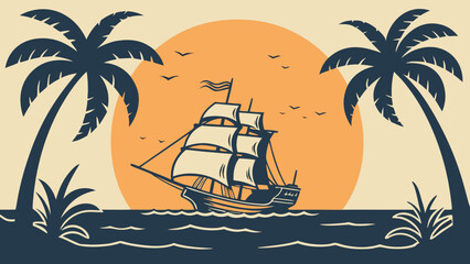 Vintage Sailing Ship Sunset Sea Flat Vector © MdSzzad