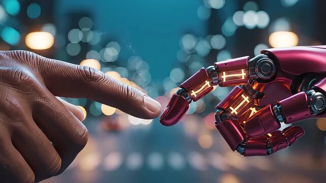 Ai human collaboration fingertip contact involving a dark skinned hand and a metallic red robotic arm with electric blue sparks in an urban night scene