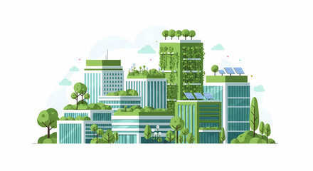 Fototapeta premium Modern flat vector illustration of a sustainable green city featuring eco-friendly buildings, rooftop gardens, trees, and solar panels. Clean design with a white background and copy space, representin