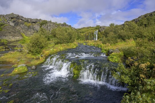 Waterfalls in the green oasis of Gj&aacute;in, Skei&eth;a- og Gn&uacute;pverjahreppur, Su&eth;urland, Iceland