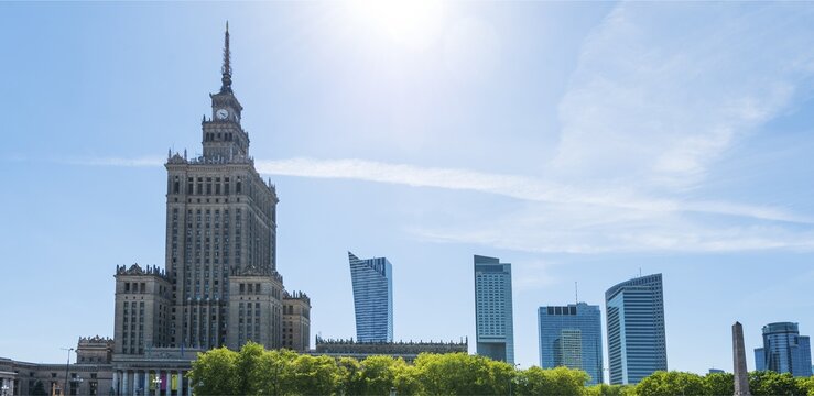 Palace of Culture, Science Palace and skyscrapers, skyline, Warsaw, Mazovia Province, Poland