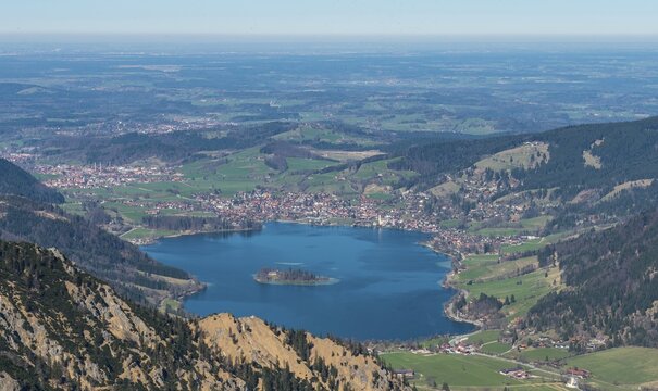 View of the Schliersee from the Brecherspitz in spring, Schliersee, Voralpenland, Upper Bavaria, Bavaria, Germany