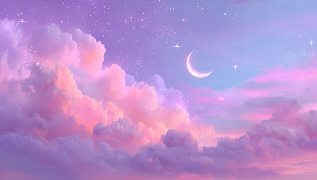 A dreamy, celestial landscape featuring fluffy, pastel-colored clouds that blend into a starry night sky with a crescent moon
