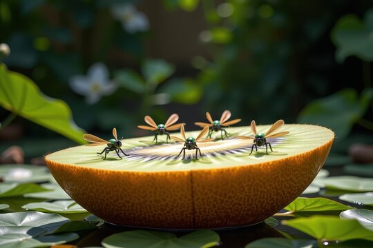 A giant, floating slice of kiwi fruit serving as a landing pad for a squadron of mechanical dragonflies.