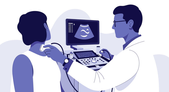 Doctor performs ultrasound on patient's neck, showing thyroid on screen