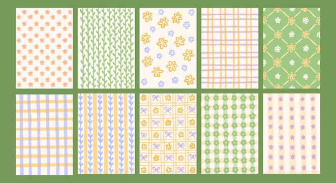 Cottagecore spring Easter whimsical vintage vector backgrounds set. Decorative floral elegant retro coquette bows romantic textures