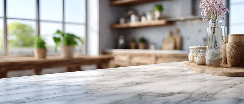 A marble countertop in a kitchen is the main focal point, with blurred background featuring window, plants, and wooden shelves