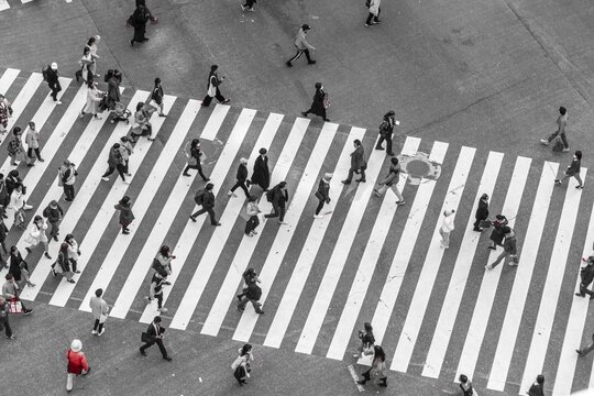 Single red person crosses, Shibuya crossing, crowds at intersection, many people crossing crosswalk, black and white, Shibuya, Udagawacho, Tokyo, Japan