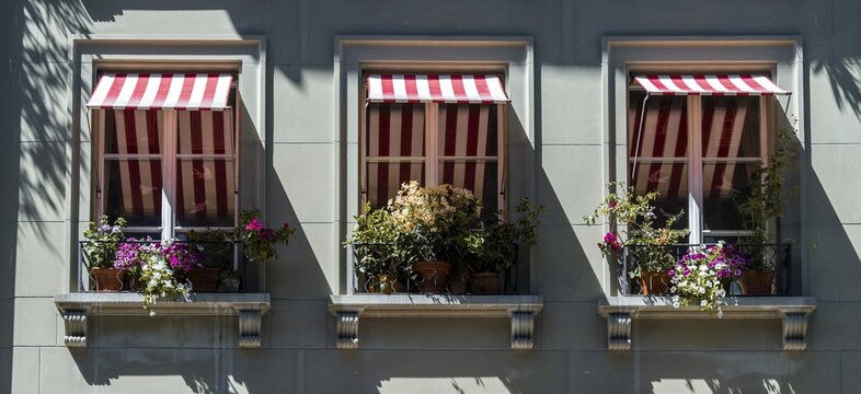 Facade of a house, windows with flower pots and awnings, Bernese Old Town, Inner City, Bern, Canton of Bern, Switzerland