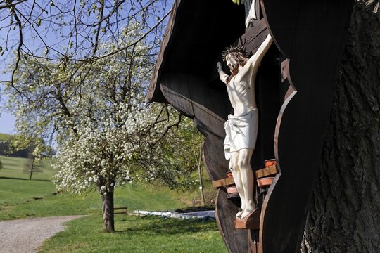 Wooden shrine with crucifix, Furth, Lower Austria, Austria, Europe