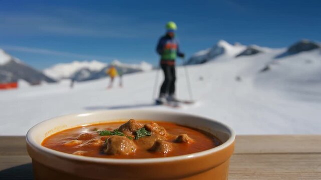 Gulaschsuppe, im Hintergrund Skipiste 