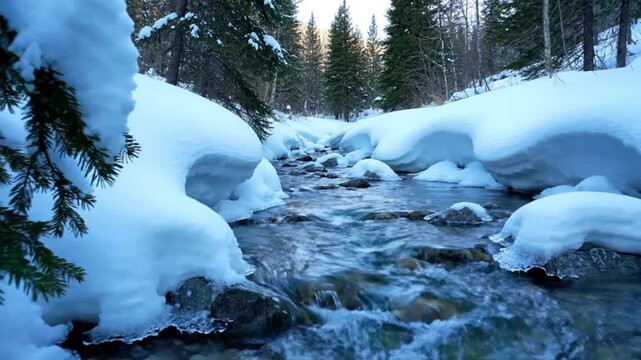 Flowing crystal clear water stream through snowy winter landscape with evergreens and ice
