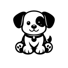 Naklejka premium Cute black and white puppy dog with one eye patch cartoon character sitting on floor looking happy and friendly