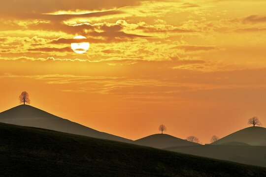 Cloud atmosphere at sunset with trees on moraine hills, Hirzel, Canton Zurich, Switzerland