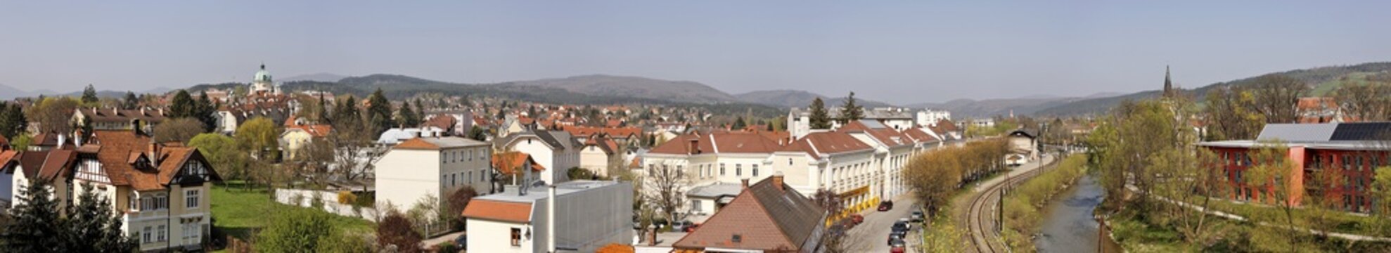View over the town of Berndorf with the Margareten Church and the Triesting River, Lower Austria, Austria, Europe