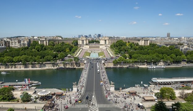 View from the Eiffel Tower to the Jardins du Trocad&eacute;ro with bridge Pont d'I&eacute;na and river Seine, Paris, France