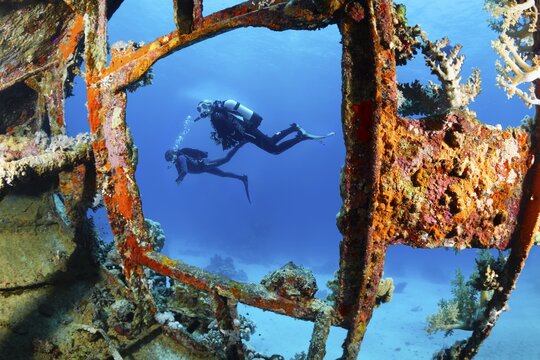 Two divers looking at shipwreck sailing ship, Red Sea, Abu Galawa, Fury Shoals, Egypt