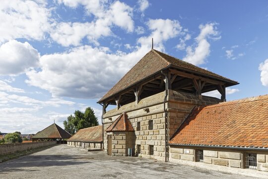 Battlement and defence defence defence defence defence defence defence defence defence defence tower on fortress wall, Lichtenau Fortress, Lichtenau Market, Ansbach County, Middle Franconia, Franconia Bavaria, Germany