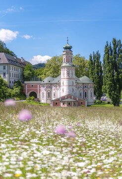 Flower meadow in front of the monastery St. Karl, St. Charles's Church, monastery church St. Karl Borrom&auml;us, Rokoko, Volders, Tyrol, Austria