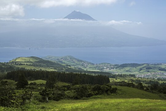View from the island Faial to the island Pico with volcanic cone of the Pico, Azores, Portugal