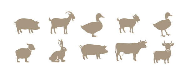 Obraz premium Farm animal icons showcasing a rooster, quail, turkey, goat, duck, hare, pig, and cow on a beige canvas