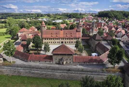 Aerial view Lichtenau Fortress, behind Markt Lichtenau, Ansbach County, Central Franconia, Franconia Bavaria, Germany
