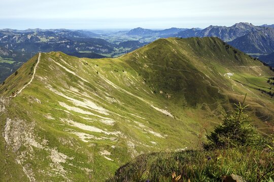 Ridge hiking trail Fellhorngrat between Fellhorn summit and S&ouml;llerkopf, behind S&ouml;llerkopf, Fellhorn, Oberstdorf, Oberallg&auml;u, Allg&auml;u Alps, Allg&auml;u, Bavaria, Germany
