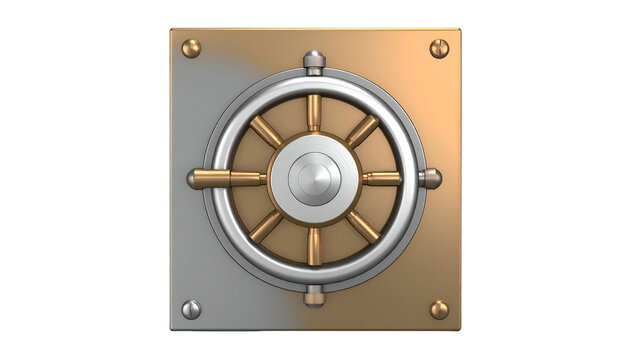 Metallic 3D-rendered safe, showcasing a round dial, rivets, and silver & gold tones