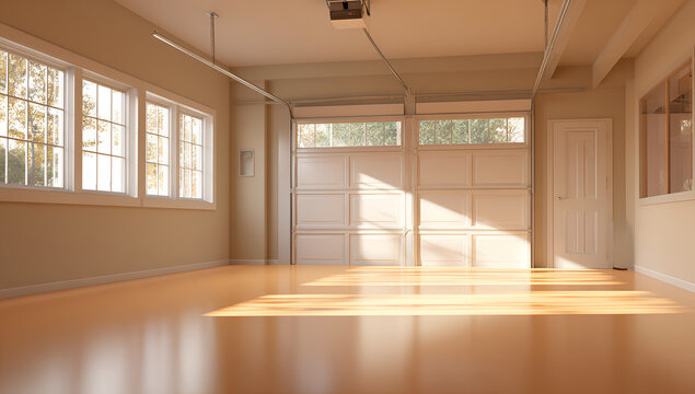 An empty, sun-drenched garage interior featuring a closed overhead door, windows, and a hardwood floor, bathed in warm, natural light