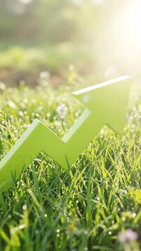 Sustainable esg green growth arrow chart with grass field and bright sunlight concept for environment progress and renewable energy investment climate action eco friendly strategy showing upward