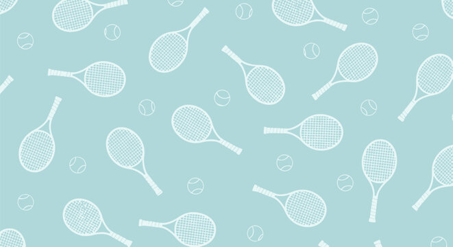 A light blue seamless background pattern featuring white tennis rackets and tennis balls, ideal for sports or recreation themes.