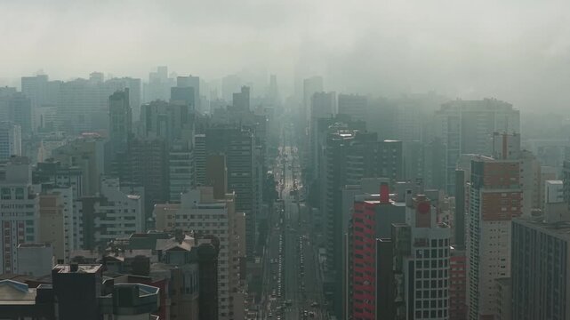 Curitiba morning skyline fog with busy and misty city Parana in Curitiba, Brazil