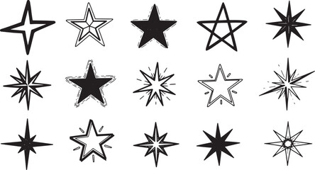 Obraz premium A Dynamic Collection of Hand-Drawn Star Illustrations Showcasing Diverse Shapes, Sparkle Effects, and Outlines, Perfect for Creative Graphic Design Projects
