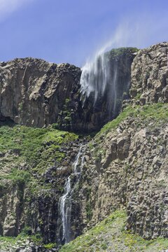 A small waterfall is blown away by the storm, Saltos de Arco Iris, Maule Valley, San Clemente, Maule, Chile
