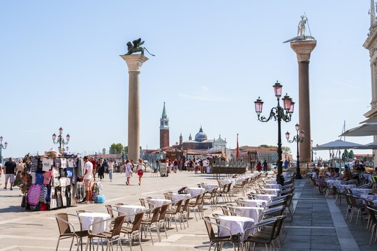 Columns with Marcus Lion, St. Mark's Square Restaurant, Venice, Veneto, Italy