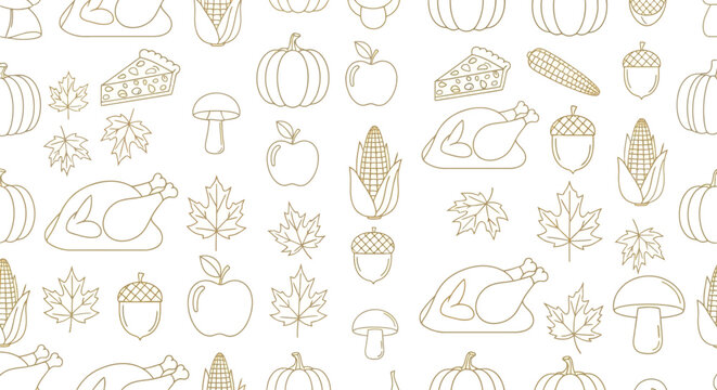 Thanksgiving harvest festival pattern outline icons of turkey corn pumpkin apple pie maple leaves acorns mushrooms traditional autumn celebration symbols.