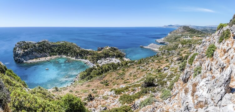 View of coast with Anthony Quinn Bay, Faliraki, Rhodes, Dodecanese, Greece